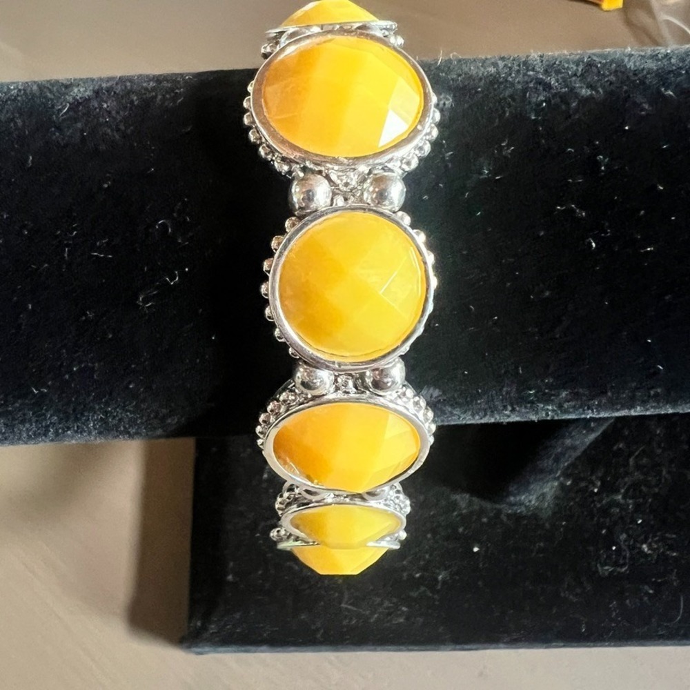 Vintage Napier Yellow Faceted Stretch Bracelet Silver Butter Lemon Costume Retro